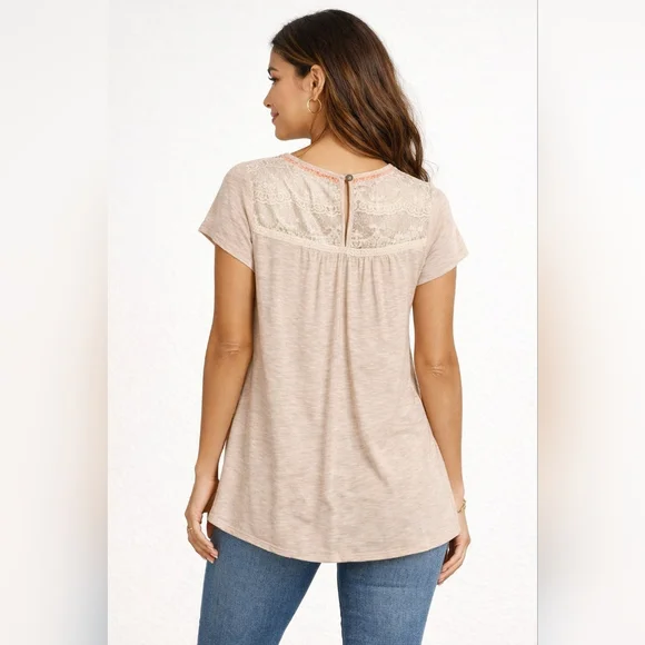 ❤️ Rewind Lace Panel Boho Blouse Medium Neutral Feminine Lace Short Sleeve Top - Picture 2 of 12